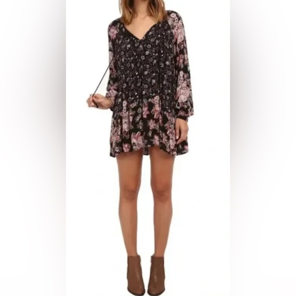 Free People Lucky Loosie Boho Black & Orange Floral Print Swing Dress.